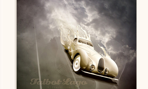 Luxury retro car poster with paint splashing effect. Talbot-Lago T-150 CSS