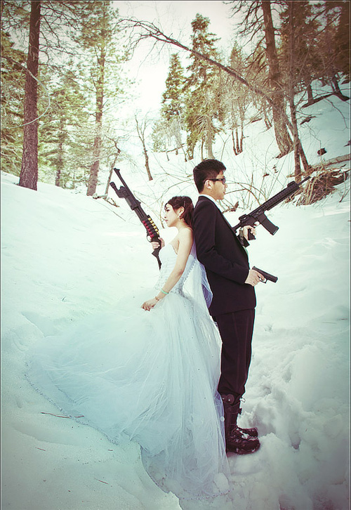 Wedding snow gun couple engagement photography