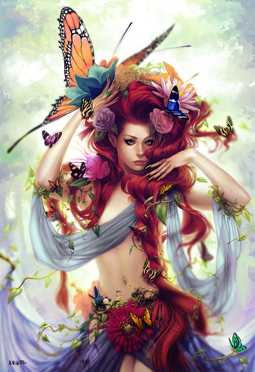 Red hair head butterfly fairy illustrations artworks