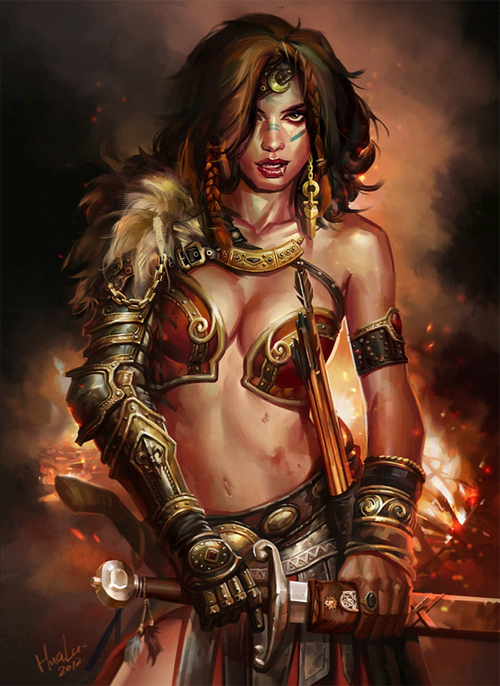 Girl female fire princess swordsman artworks illustrations