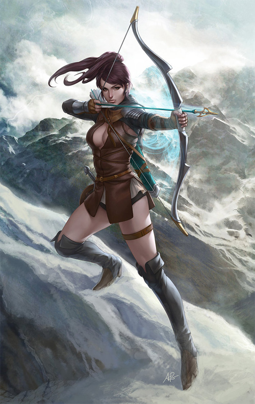 female archer drawing