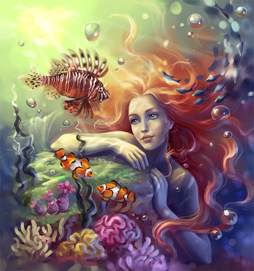 Red hair mermaid illustrations artworks