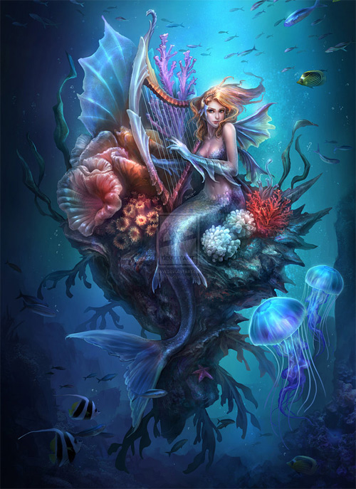 Harp mermaid illustrations artworks