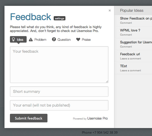 Usernoise Pro advanced Modal Feedback & Debug