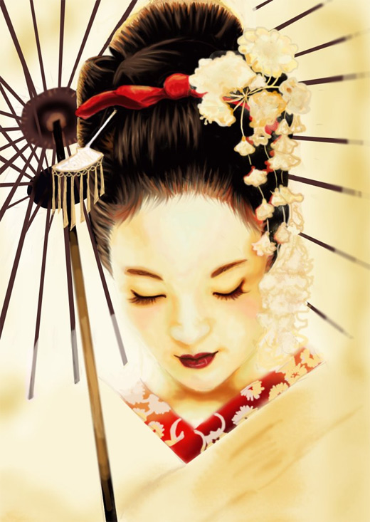 White lovely beautiful geisha artwork illustration