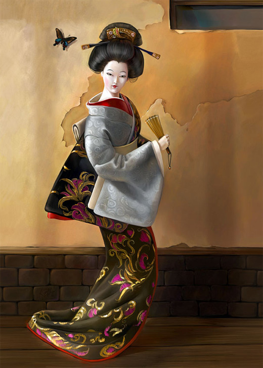 Posing geisha artwork illustration