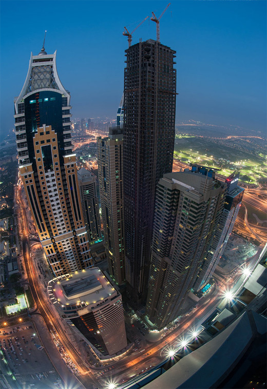 Dubai skyscrapers buildings fisheye view fish eye photography