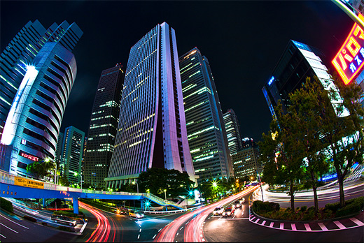 City buildings streets night fisheye view fish eye photography