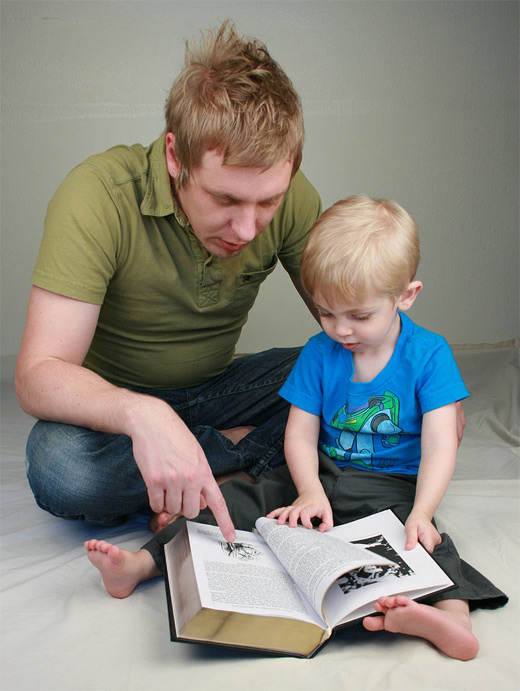 Reading father child son daughter photography