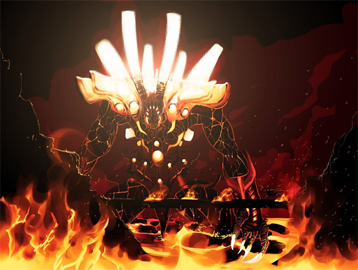 Glowing fire colossus rift video game