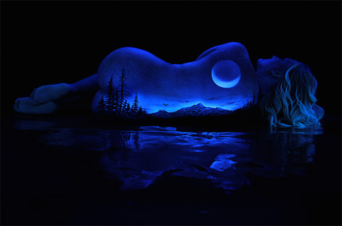 John Poppleton night lake body art bodyscapes black light photography