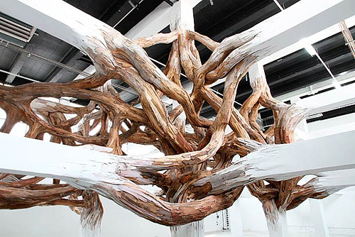 henrique oliveira wooden installation art